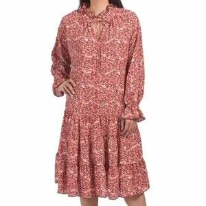 NWT One Pretty Time Anthropologie Pink Red Floral Midi Dress Ruffled Boho Size S